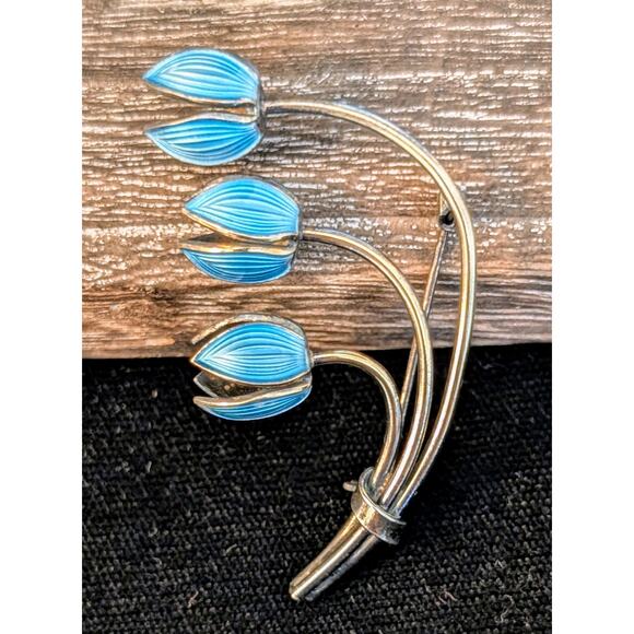Unknown Jewelry - VTG Mid Century Norway 925 Silver 3 Blue Lily Of The Valley Enamel Brooch/Pin